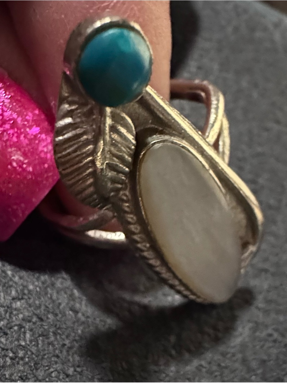 Silver Leaf Ring with Turquoise and White Inlay. Size 7 - Picture 4 of 4